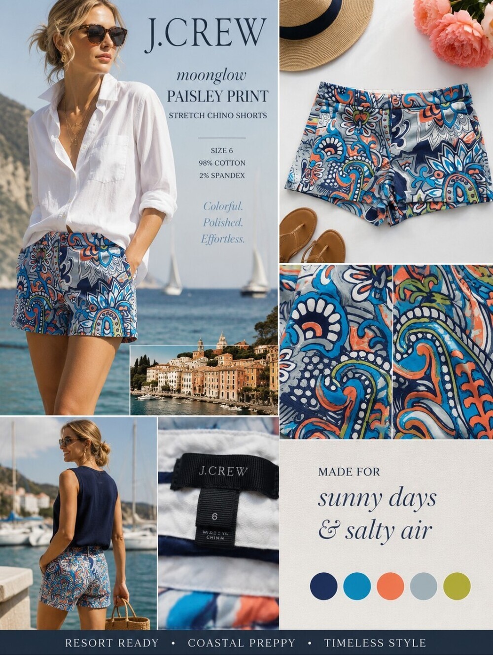 J.Crew Moonglow Paisley Print Stretch Chino Shorts - 6 - Blue Orange Cotton EUC